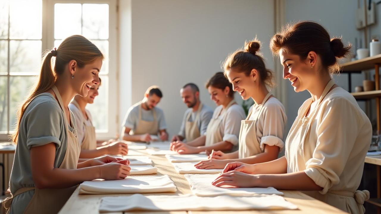 Participantes trabajando en el taller de costura de Hilos de Aura en Madrid