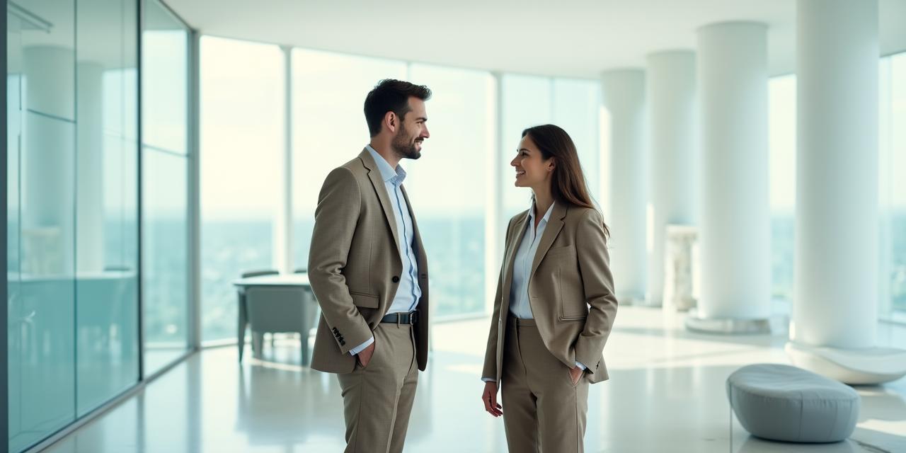Traje de lana con patrón de espiga en entorno corporativo moderno